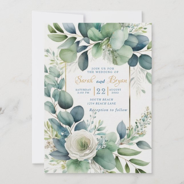 Invitación a la Boda Floral de Oro Verde Eucalyptu (Anverso)