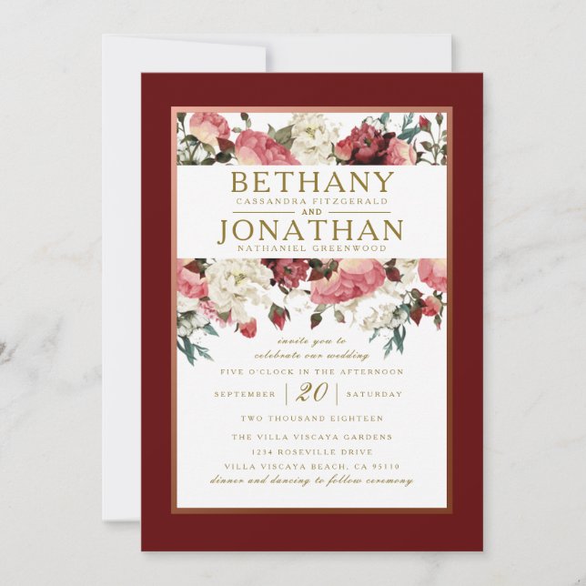 Invitación a la boda floral de oro y borgoña Rosa (Anverso)