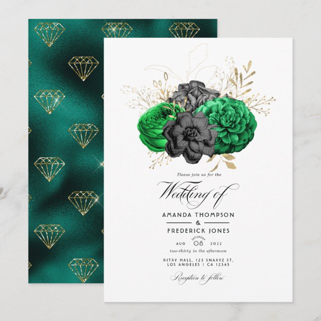 Invitación a la boda floral de oro y esmeralda osc (Anverso / Reverso)