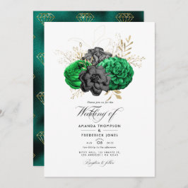 Invitación a la boda floral de oro y esmeralda osc