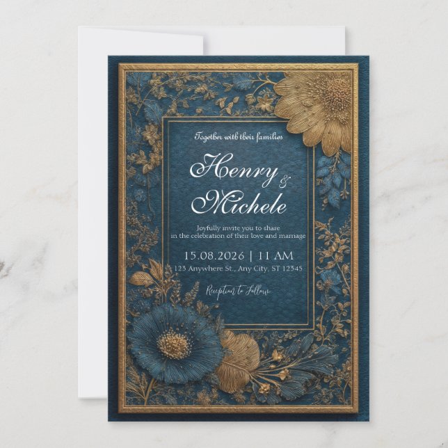Invitación a la Boda Floral de Oro y Marina Regal (Anverso)