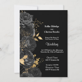 Invitación A La Boda Floral De Oro Y Negro