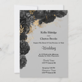 Invitación A La Boda Floral De Oro Y Negro