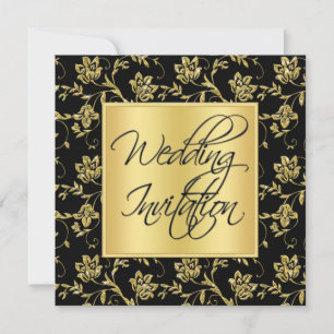 Invitación a la boda floral de oro y negro