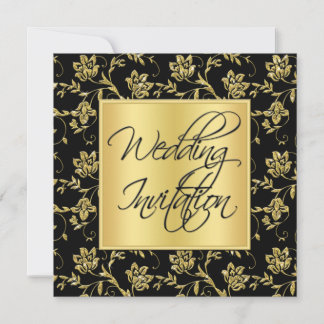 Invitación a la boda floral de oro y negro