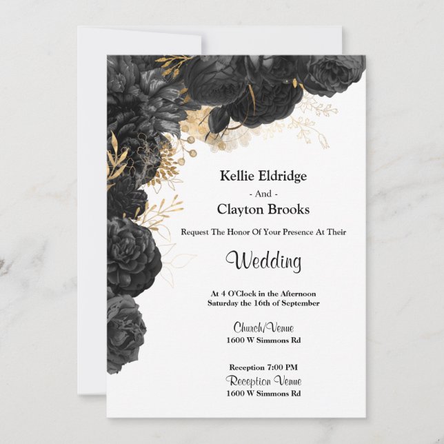 Invitación A La Boda Floral De Oro Y Negro (Anverso)