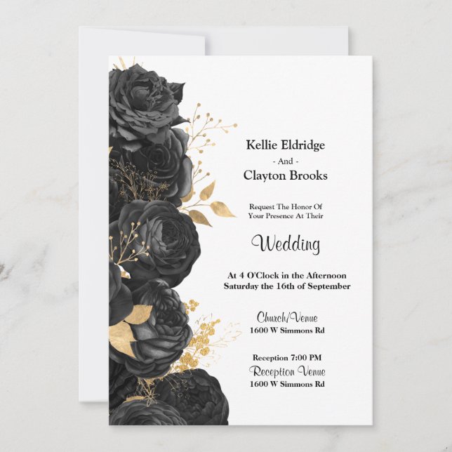 Invitación A La Boda Floral De Oro Y Negro (Anverso)