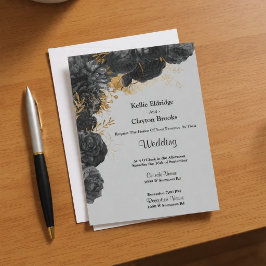 Invitación A La Boda Floral De Oro Y Negro
