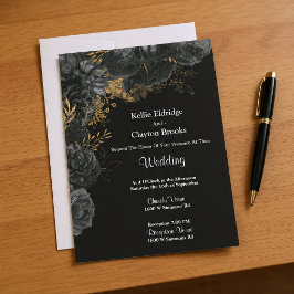 Invitación A La Boda Floral De Oro Y Negro
