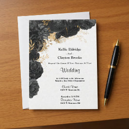 Invitación A La Boda Floral De Oro Y Negro