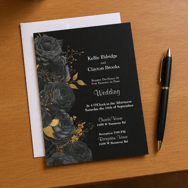 Invitación A La Boda Floral De Oro Y Negro (Subido por el creador)