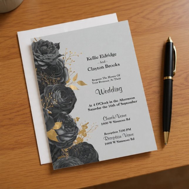 Invitación A La Boda Floral De Oro Y Negro (Subido por el creador)