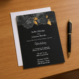 Invitación A La Boda Floral De Oro Y Negro