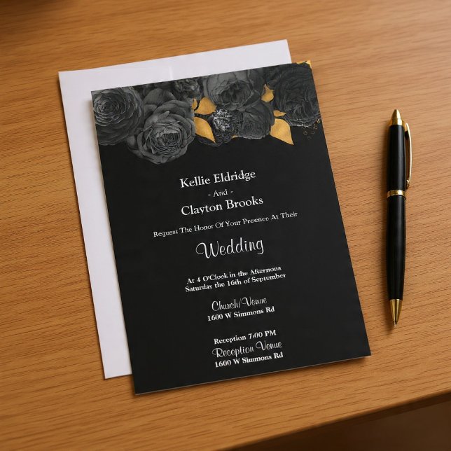 Invitación A La Boda Floral De Oro Y Negro (Subido por el creador)