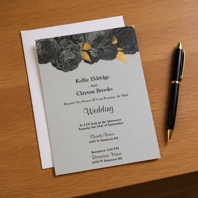 Invitación A La Boda Floral De Oro Y Negro (Subido por el creador)