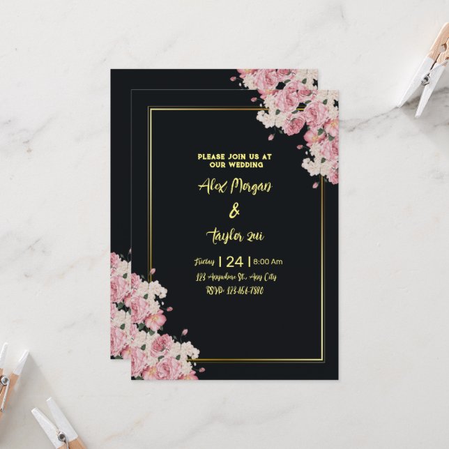 Invitación a la boda floral de oro y negro (Anverso/Reverso In Situ)