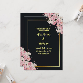 Invitación a la boda floral de oro y negro