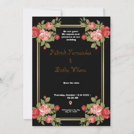 Invitación a la boda floral de oro y negro