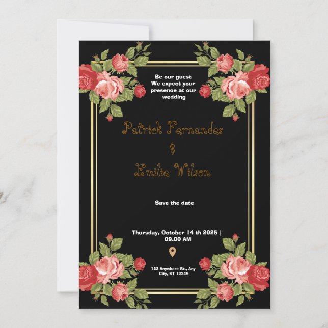 Invitación a la boda floral de oro y negro (Anverso)