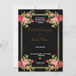 Invitación a la boda floral de oro y negro