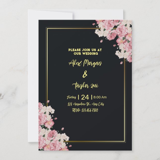 Invitación a la boda floral de oro y negro (Anverso)