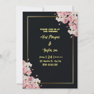 Invitación a la boda floral de oro y negro
