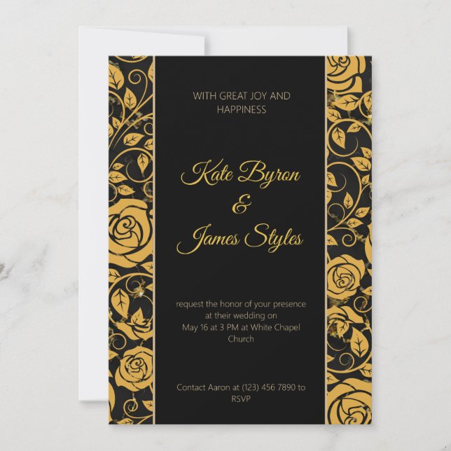 Invitación a la boda floral de oro y negro (Anverso)