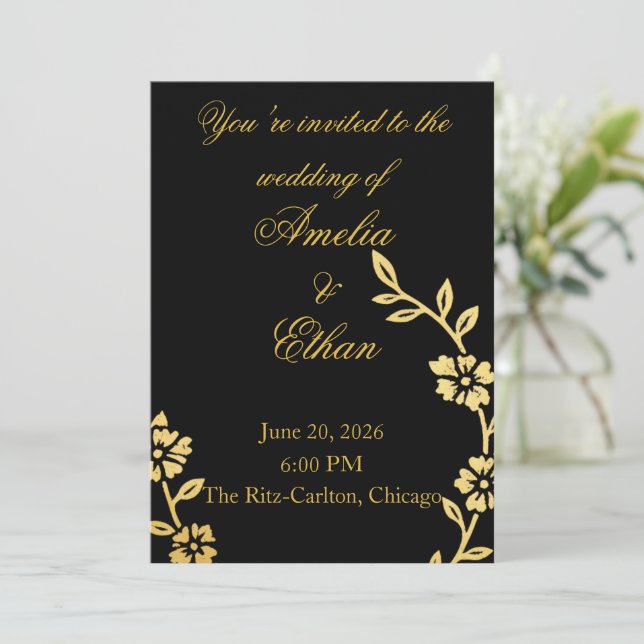 Invitación a la boda floral de oro y negro | Elega (Anverso de pie)