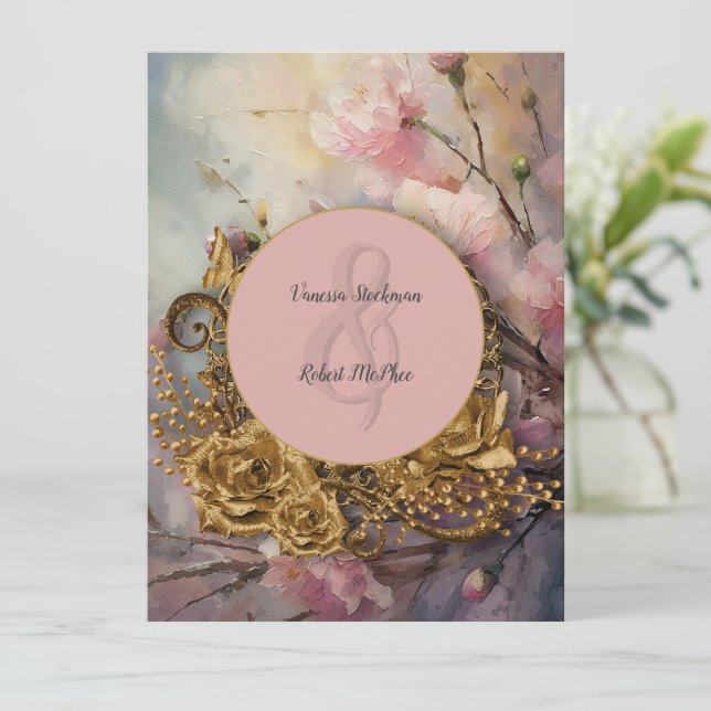Invitación a la boda floral de oro y pintura (Anverso de pie)