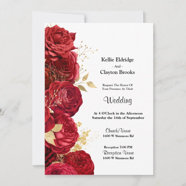 Invitación A La Boda Floral De Oro Y Rojo (Anverso)