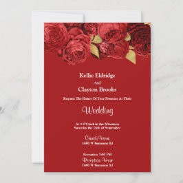 Invitación A La Boda Floral De Oro Y Rojo