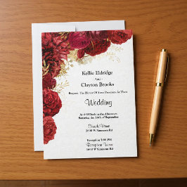 Invitación A La Boda Floral De Oro Y Rojo