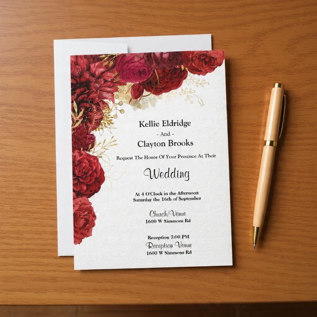 Invitación A La Boda Floral De Oro Y Rojo (Subido por el creador)