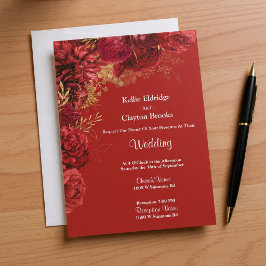Invitación A La Boda Floral De Oro Y Rojo