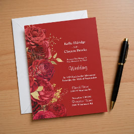 Invitación A La Boda Floral De Oro Y Rojo