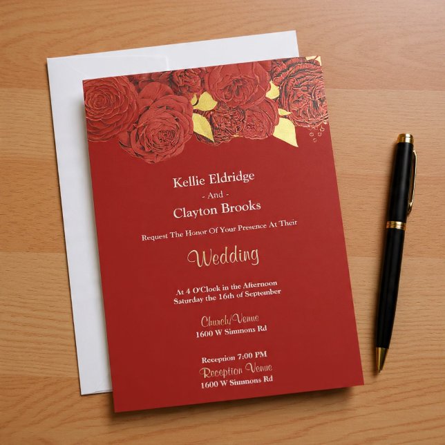 Invitación A La Boda Floral De Oro Y Rojo (Subido por el creador)
