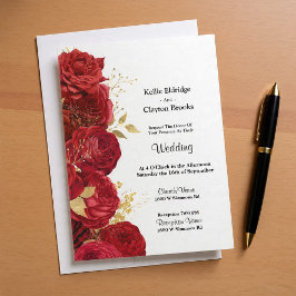 Invitación A La Boda Floral De Oro Y Rojo