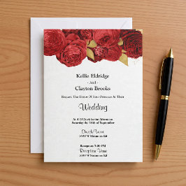 Invitación A La Boda Floral De Oro Y Rojo