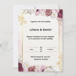Invitación a la boda floral de oro y rojo