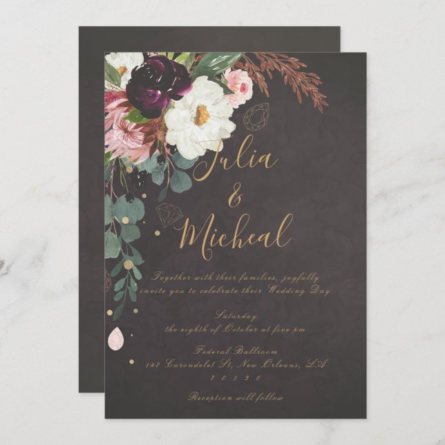 Invitación a la boda floral de otoño en Moody Mood (Anverso / Reverso)