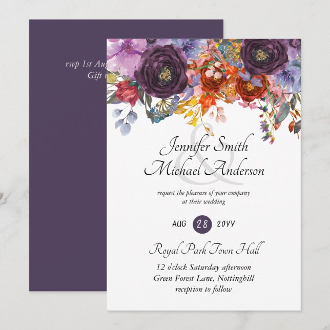 Invitación a la boda floral de otoño en purple de  (Anverso / Reverso)