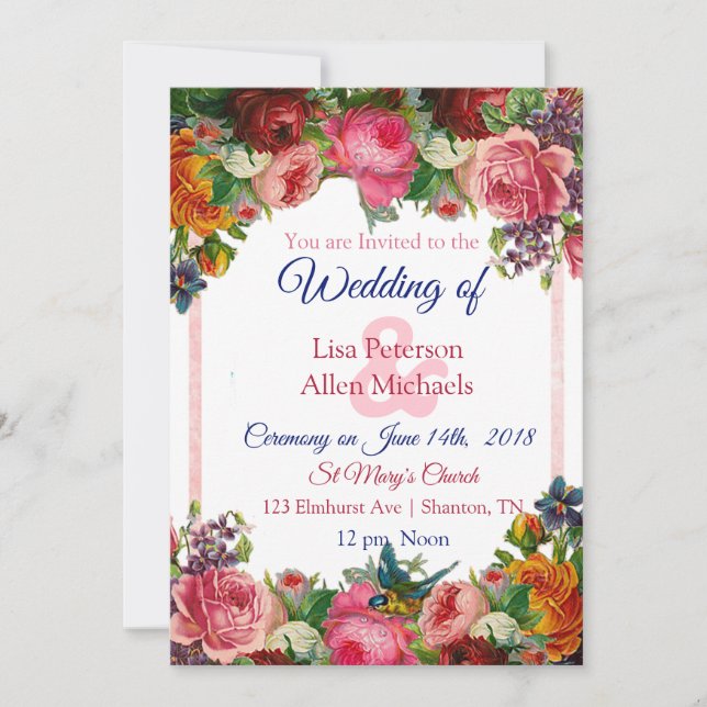 Invitación a la boda floral de pájaro azul para Ro (Anverso)