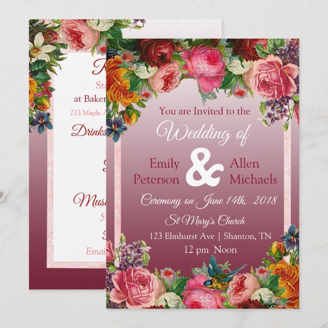 Invitación a la boda floral de pájaro azul para Ro (Anverso / Reverso)