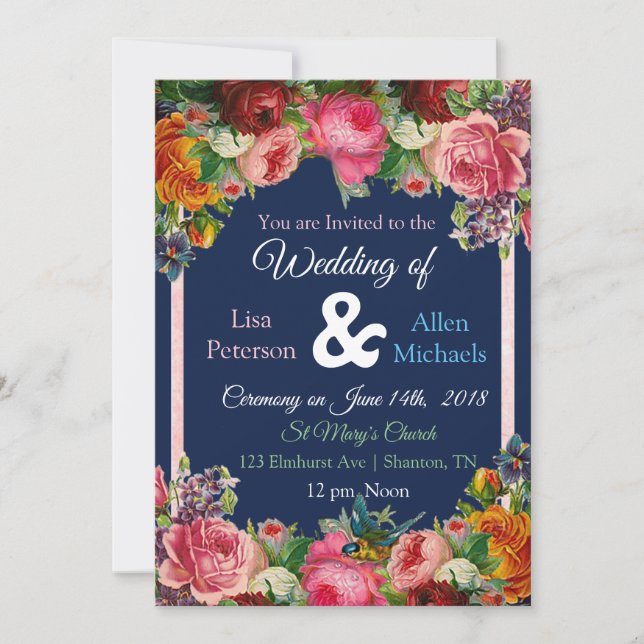 Invitación a la boda floral de pájaro azul para Ro (Anverso)