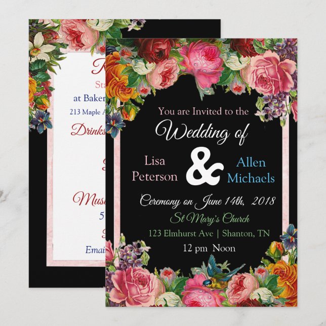 Invitación a la boda floral de pájaros Rosas de Bo (Anverso / Reverso)