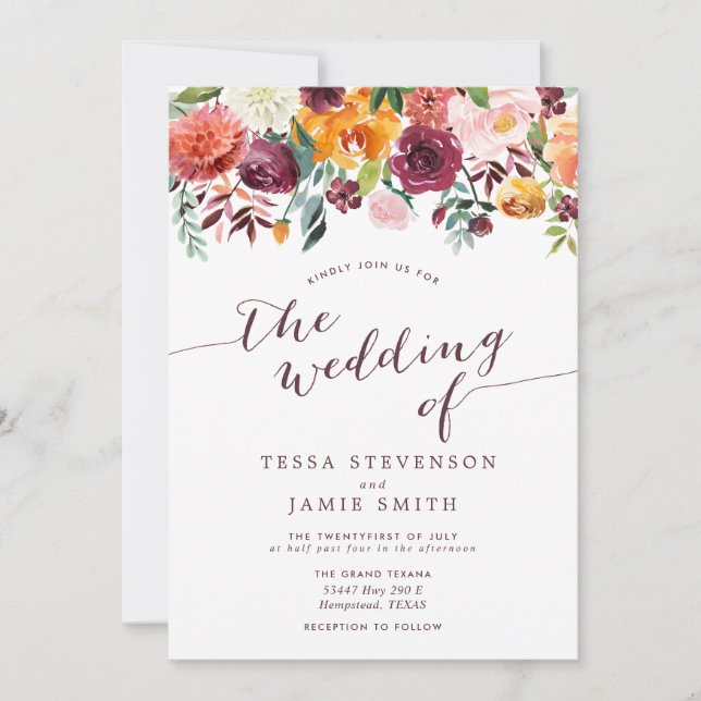 Invitación a la Boda Floral de Paprika Burgundy (Anverso)