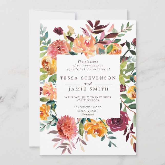 Invitación a la Boda Floral de Paprika Burgundy (Anverso)