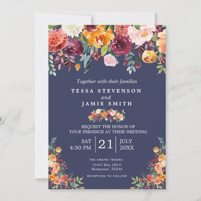 Invitación a la Boda Floral de Paprika Burgundy (Anverso)