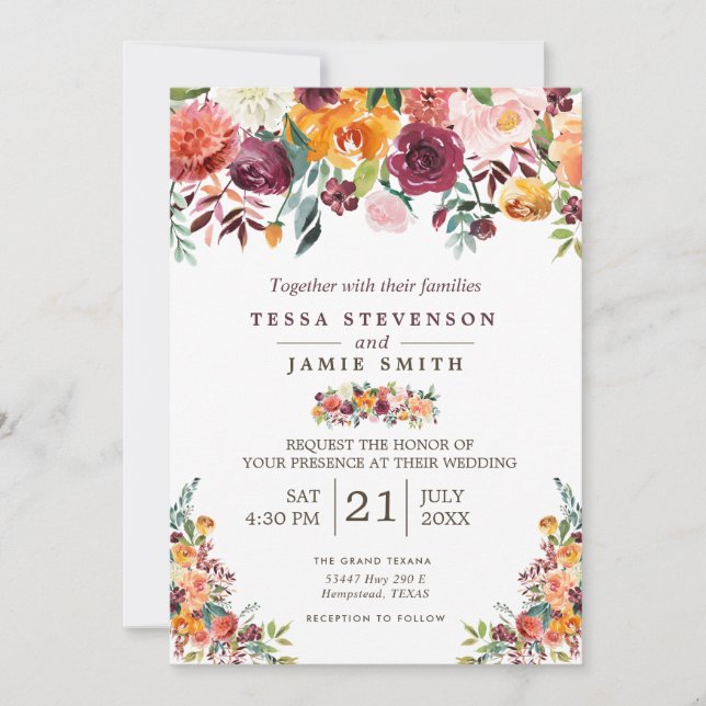 Invitación a la Boda Floral de Paprika Burgundy (Anverso)