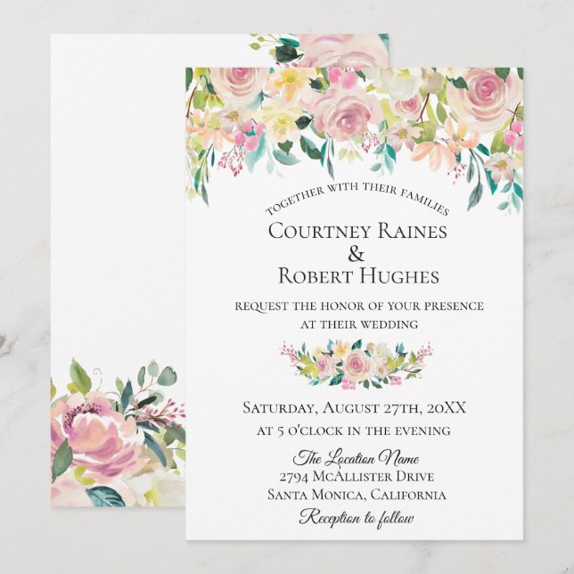 Invitación a la boda floral de Pastel Rubor (Anverso / Reverso)